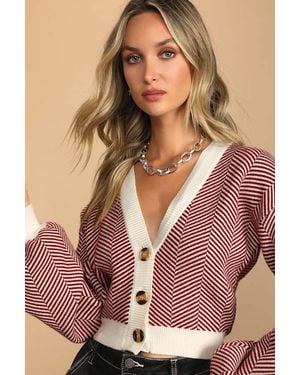 Lulus Here Comes A Holiday Striped Button-Up Cardigan - Brown