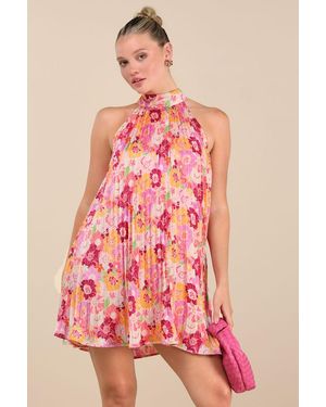 Lulus Ceslie Multi Floral Pleated Shift Mini Dress - Red