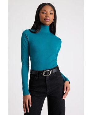 Lulus Basics Wilde Ribbed Long Sleeve Mock Neck Bodysuit - Blue