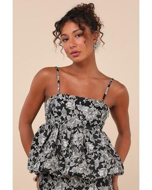 Steve Madden Bodi Floral Jacquard Peplum Top - Black
