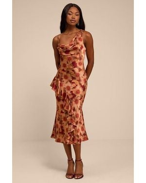 Lulus Roxanne Rust Multi Floral Satin Asymmetrical Midi Dress - Natural