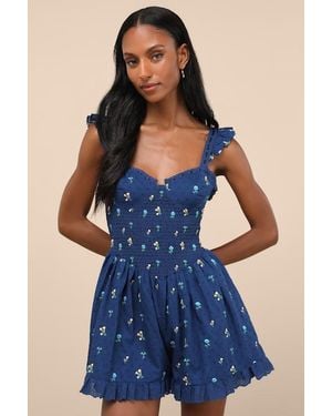 Lulus Colbie Floral Swiss Dot Bustier Romper - Blue