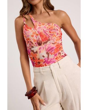 Lulus Anahera Floral Mesh Cutout One-Shoulder Bodysuit - Red
