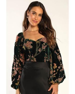 Lulus Luxe Romance Emerald Velvet Floral Burnout Long Sleeve Bodysuit - Black