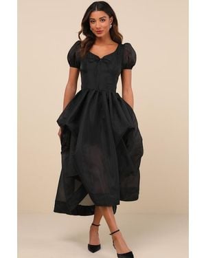 Lulus Delightfully Chic Organza Puff Sleeve Midi Dress - Black