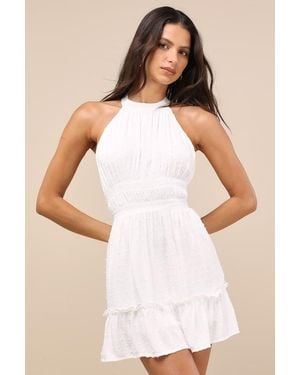 Lulus Zahia Swiss Dot Ruffled Halter Mini Dress - Natural