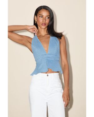 Lulus Iolani Light Wash Denim Tie-Back Peplum Halter Top - Blue