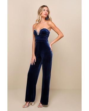 Lulus Fabulous Instinct Velvet Pearl Strapless Jumpsuit - Blue