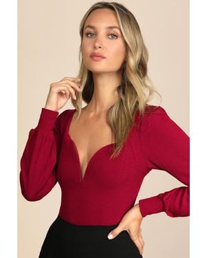 Lulus Flirting For Fun Ribbed Long Sleeve Bodysuit - Red