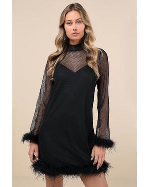 Lulus Immaculate Charisma Mesh Feather Long Sleeve Mini Dress - Black