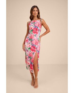 Lulus Rebecca Multi Floral Tie-Strap Column Midi Dress - Pink