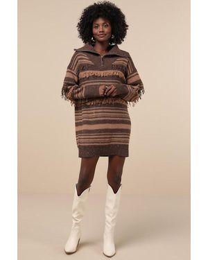 Lulus Ultimate Coziness Striped Quarter-Zip Jumper Mini Dress - Natural
