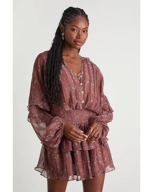 Lulus Christy Rust Floral Button-Front Long Sleeve Mini Dress - Red