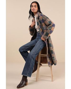 Native Youth Emrys Multi Chequered Patchwork Double Breasted Coat - Blue