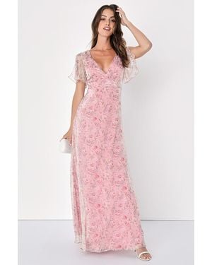 Lulus Dreamiest Desires Floral Flutter Sleeve Maxi Dress - Pink