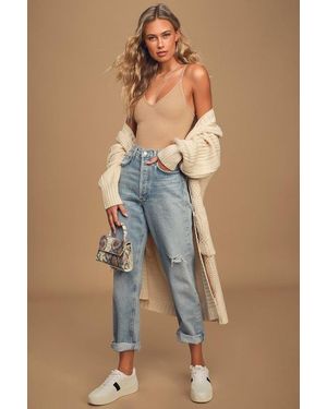 Lulus Basics Talula Ribbed V-Neck Cami Bodysuit - Blue