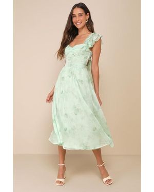 Lulus Loveliest Darling Light Floral Ruffled Tie-Back Midi Dress - Green