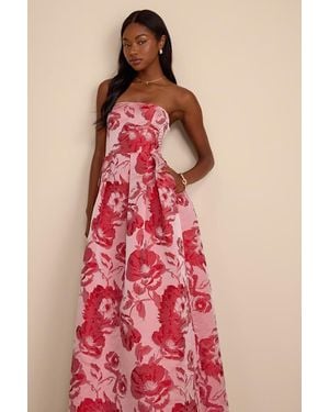 Lulus | Devil Wears Prada Elsa Floral Jacquard Strapless Maxi Dress - Red