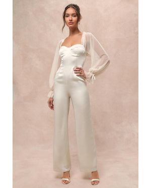 Lulus Gracefully Modern Satin Mesh Long Sleeve Bustier Jumpsuit - Natural