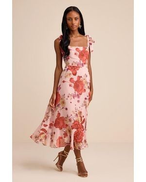 Lulus Summer Invite Floral Tie-Strap Tiered Midi Dress - Pink