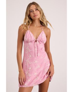 Lulus Veria Embroidered Halter Mini Dress - Pink
