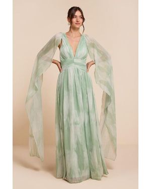 Lulus Damaria Sage Multi Abstract Cape Sleeve Maxi Dress - Green