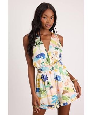 Lulus Deanna Multi Print Satin Sleeveless Romper - White