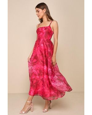 Lulus Darling Icon Dark Floral Organza Lace-Up Midi Dress - Pink