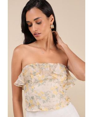 Lulus Natela Cream Floral Strapless Ruffled Top - Natural