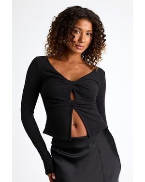 Lulus Lumirah Ribbed Knot-Front Cutout Long Sleeve Top - Black
