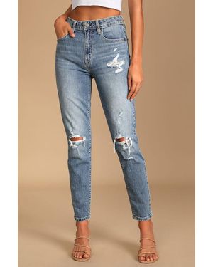 Lulus Tobi Medium Wash High Rise Distressed Denim Mom Jeans - Blue