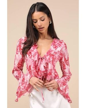 Lulus Thriving Flirt Leaf Print Ruffled Long Sleeve Tie-Front Top - Pink