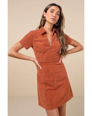 Lulus Go-Getter Girl Corduroy Mini Dress With Pockets - Orange