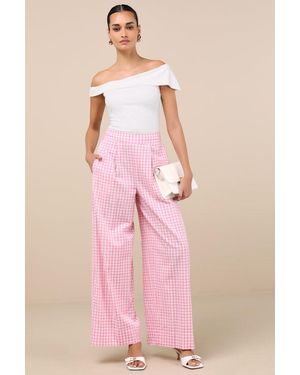 Lulus Delphine Gingham Wide-Leg Pants - Pink