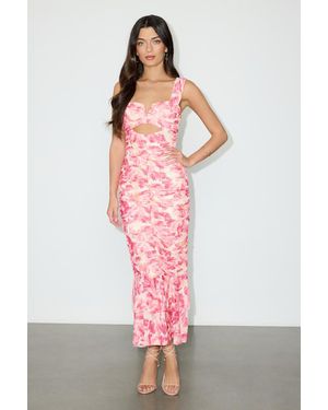 Lulus Aelara Floral Mesh Ruched Trumpet Midi Dress - Pink