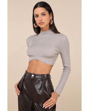 Lulus Glittery Scene Ribbed Lurex Mock Neck Long Sleeve Crop Top - Grey