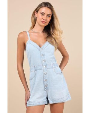 Roxy Naia Light Wash Denim Button-Front Romper - Blue