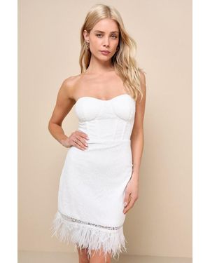 Lulus Vivacious Moment Lace Bustier Strapless Feather Mini Dress - Natural