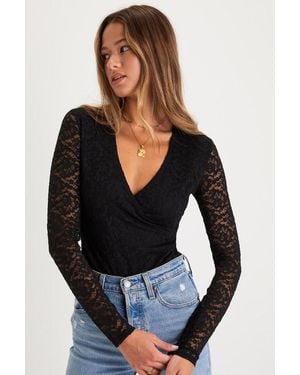 Lulus Adorable Embrace Lace Long Sleeve Bodysuit - Blue