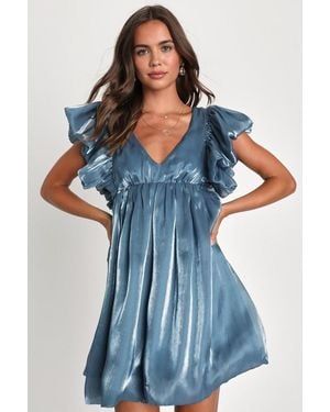 Lulus Sensational Shimmer Shiny Ruffled Babydoll Dress - Blue
