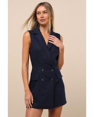 Steve Madden Paris Dark Tweed Collared Romper - Blue
