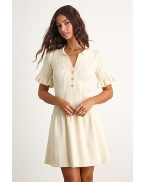 Lulus Yavina Cream Collared Skater Sweater Mini Dress - Natural