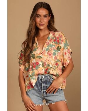 Lulus Island Style Floral Print Button-Up Short Sleeve Top - Orange
