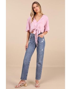 Jbd. Inara Medium Wash Distressed High-Rise Dad Jeans - Pink