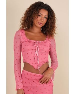 Daisy Street Cutest Appeal Floral Mesh Bow Ruffled Long Sleeve Crop Top - Pink