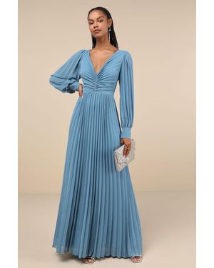 Lulus Sophisticated Grace Pleated Long Sleeve Maxi Dress - Blue