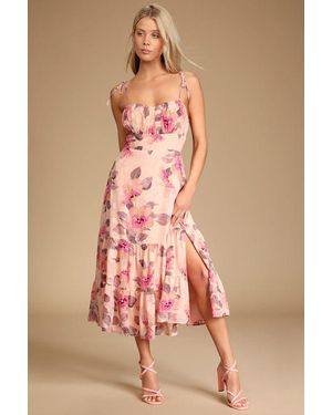 Lulus Tea Party Chic Floral Print Tie-Strap Tiered Midi Dress - Pink