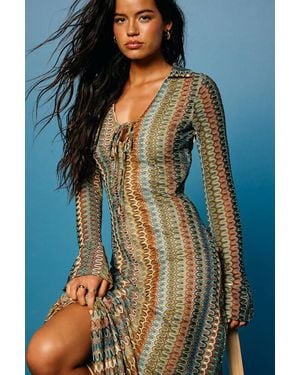 Lulus Vernazza Multi Crochet Collared Long Sleeve Maxi Dress - Blue