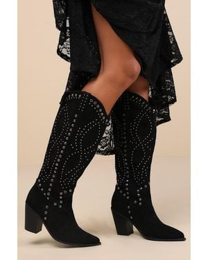 Lulus Mallerie Suede Studded Knee-High Western Boots - Black