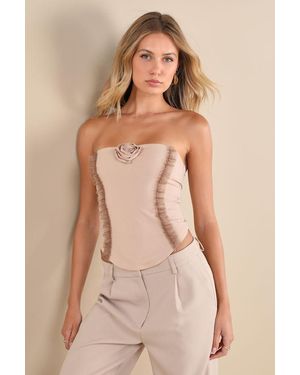 ZEMETA Frap Rosette Ruffled Chiffon Strapless Top - Natural